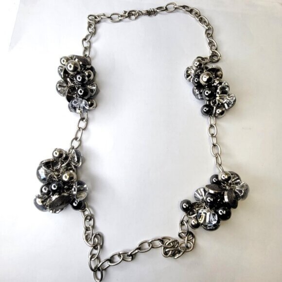 Statement Necklace Silver Tone Crystal Buttons Beads Charms Clusters Necklace - Picture 1 of 11
